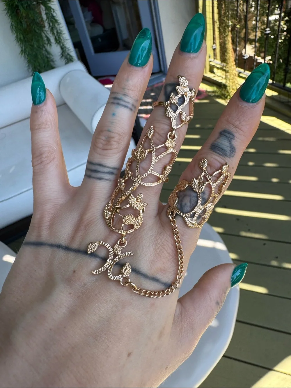 Gold Leaf Hand Chain Double Ring